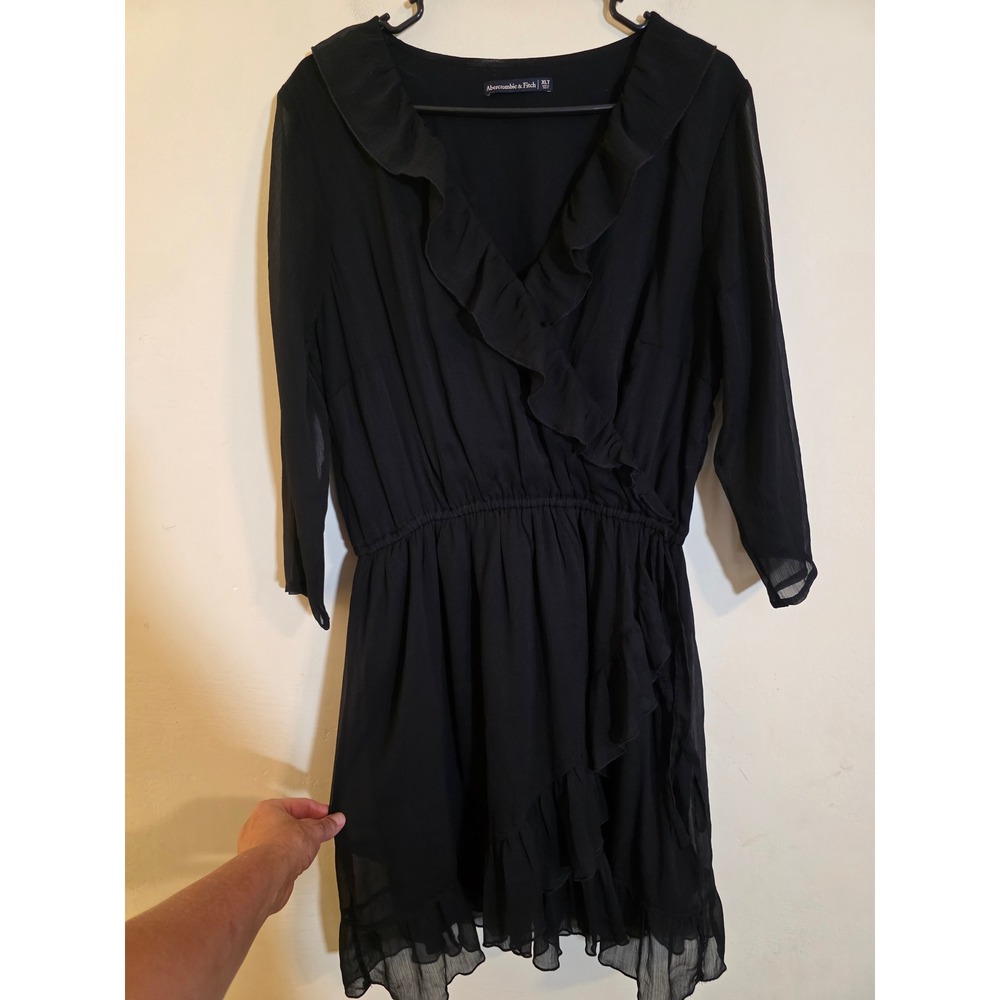 Abercrombie & Fitch Black Ruffle Wrap Mini Dress Sheer Sleeve Size XLT Tall